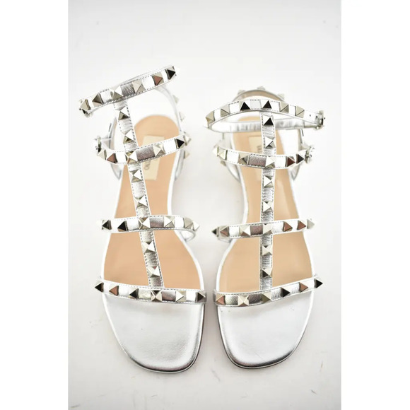 Valentino Rockstud Silver Stud Leather Ankle Strap Gladiator Flat Sandal 36.5 - Picture 7 of 12